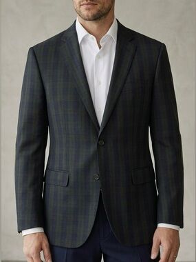 Hugo Boss Lightweight Wool Blazer Jacket Sport Coat Sz 44R Navy Blue Green Plaid